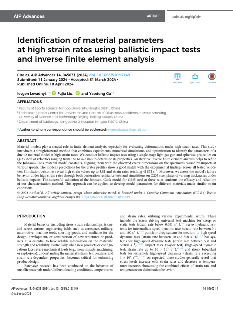 Identification of Material Parameters at High Strain Rates Using ...