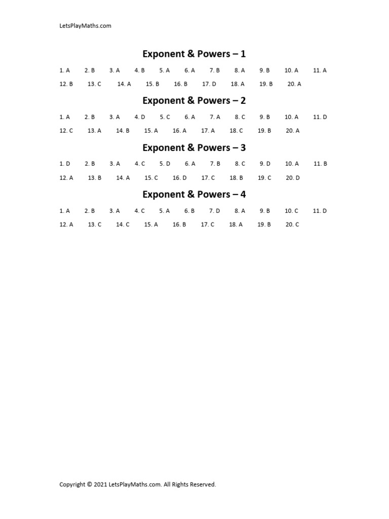Exponents and Powers Practice Answers | PDF