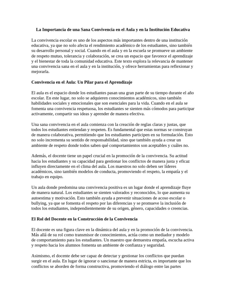 La Importancia de Una Sana Convivencia en El Aula y en La Institución ...
