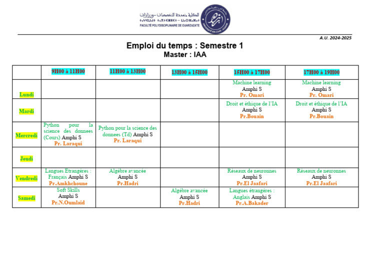 Emploi du temps Master IAA 2024-2025 | PDF
