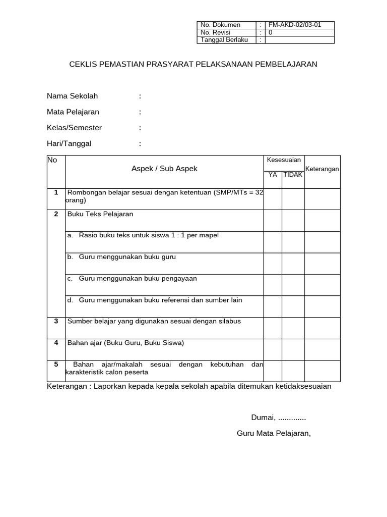 Ceklis Prasyarat Pembelajaran Sekolah | PDF
