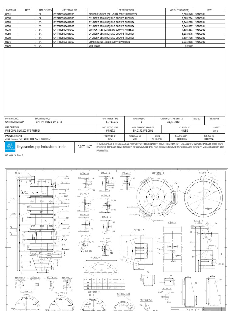 Silo Component Part List for JSW Cement | PDF | Mechanical Engineering