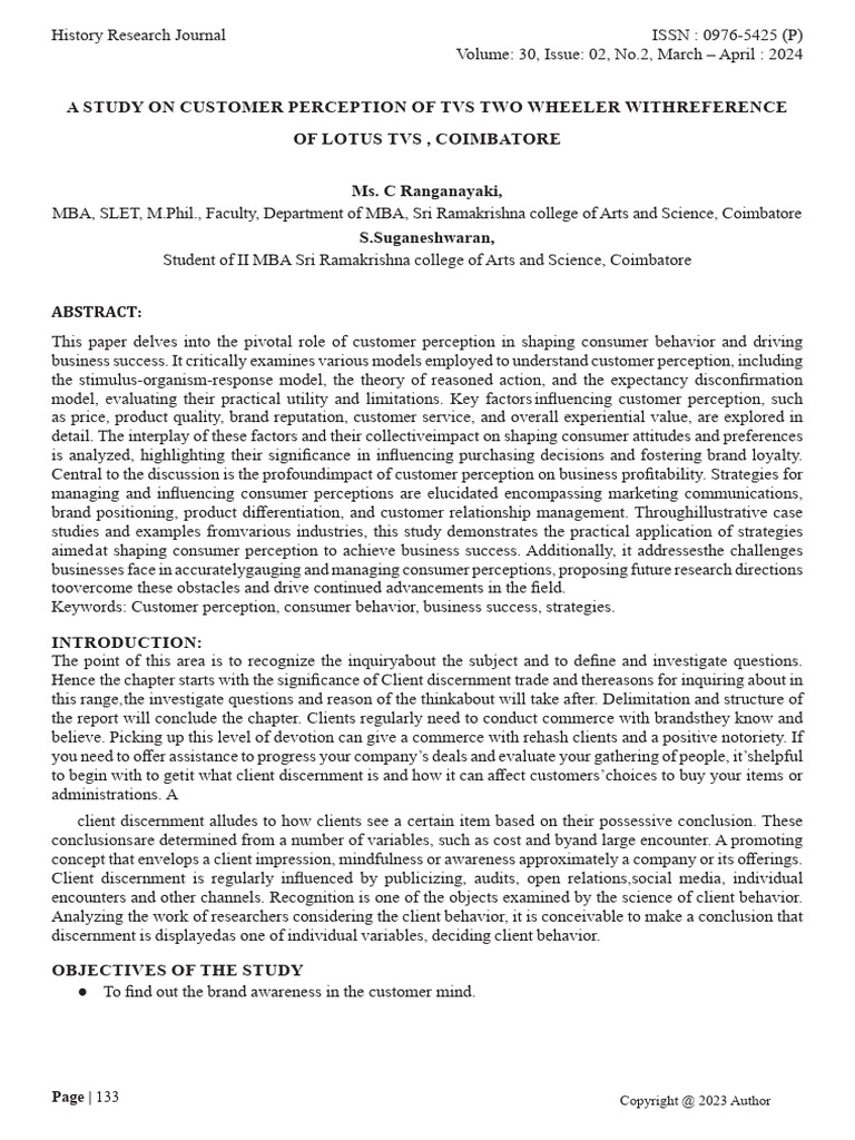 A Study On Customer Perception of Tvs Two Wheeler With Reference of ...