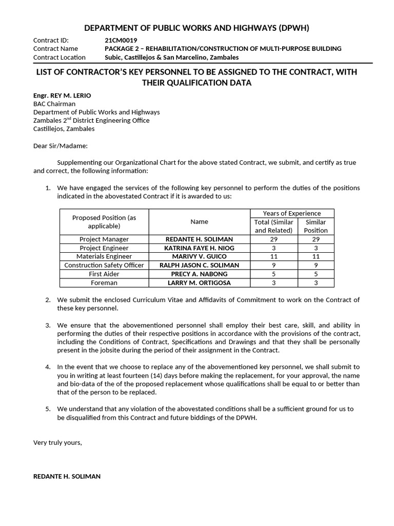DPWH Contractor Key Personnel List | PDF