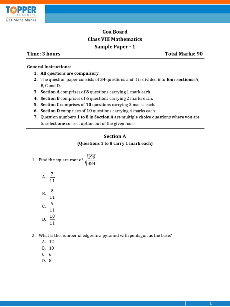 Class 8 Maths Term 1 Sample Paper | PDF | Area | Geometry