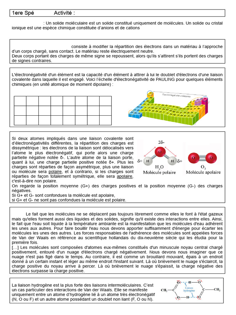 Cohésion des solides moléculaires et ioniques | PDF | Polarité (chimie ...