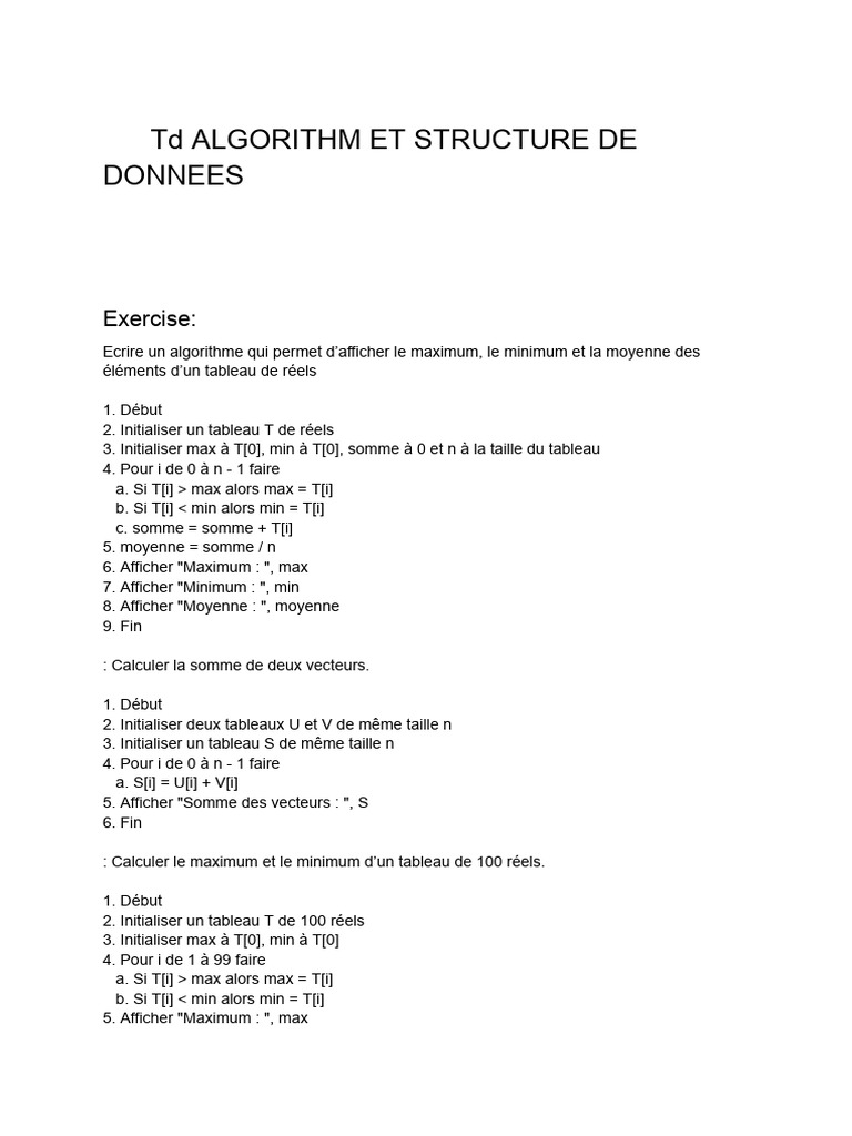 Algorithmes pour tableaux et vecteurs | PDF