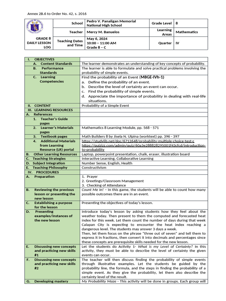 Grade 8 Probability Lesson Plan | PDF | Learning | Probability