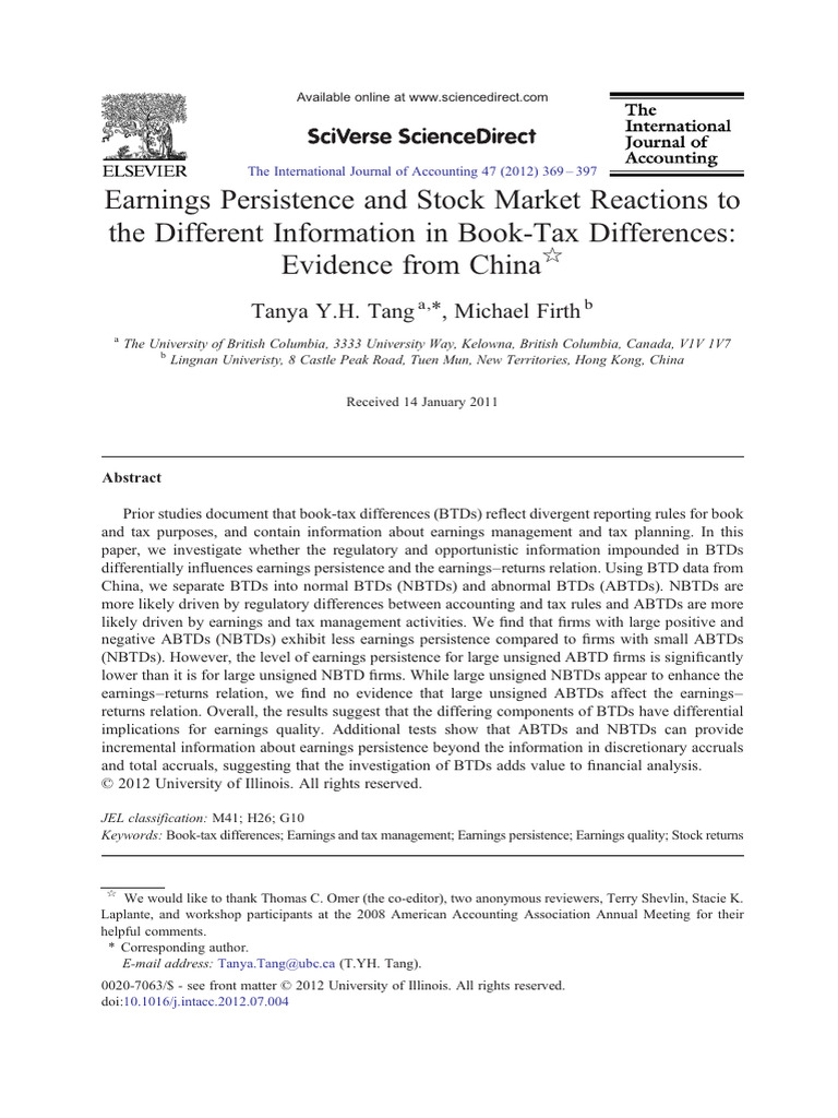 Book-Tax Differences and Earnings Quality | PDF | Income | Taxes