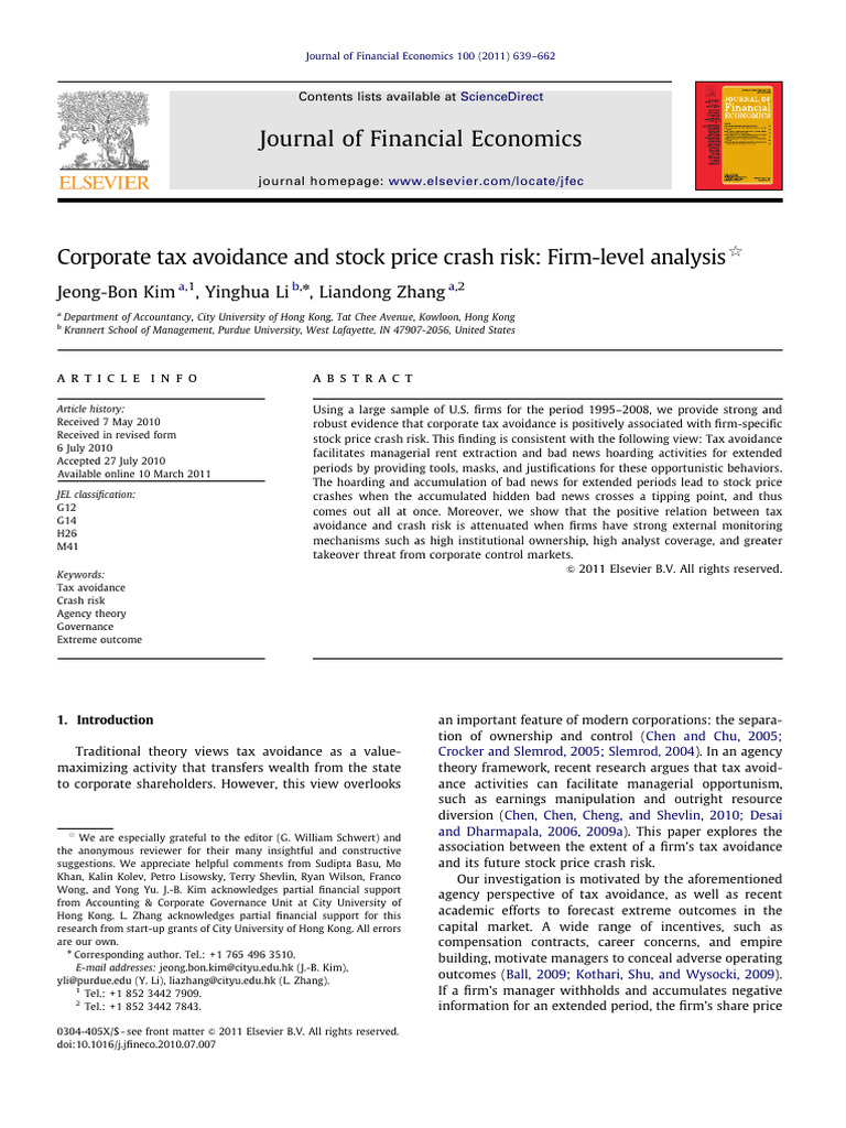 Tax Avoidance and Stock Crash Risk Analysis | PDF | Taxes | Stocks