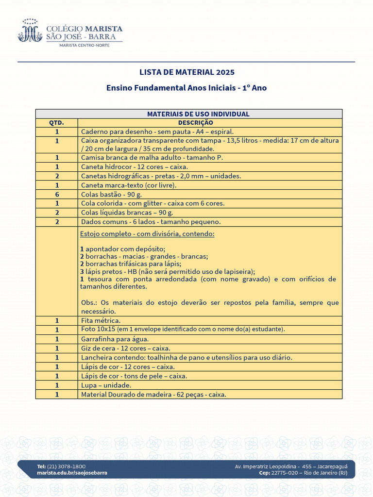Materiais 1º Ano Ensino Fundamental 2025 | PDF