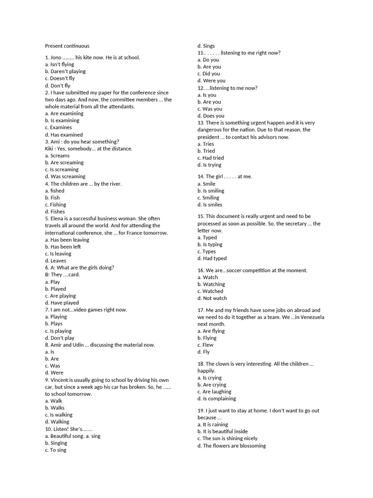 Present Continuous Tense Exercises Pdf