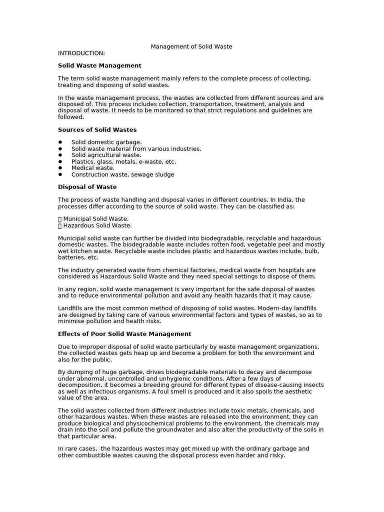 Solid Waste Management Overview | PDF | Municipal Solid Waste | Waste