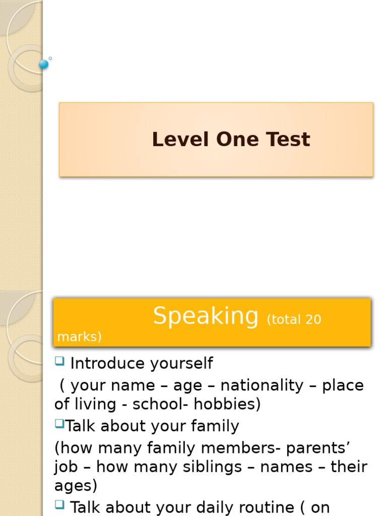 Level One Speaking and Grammar Test | PDF