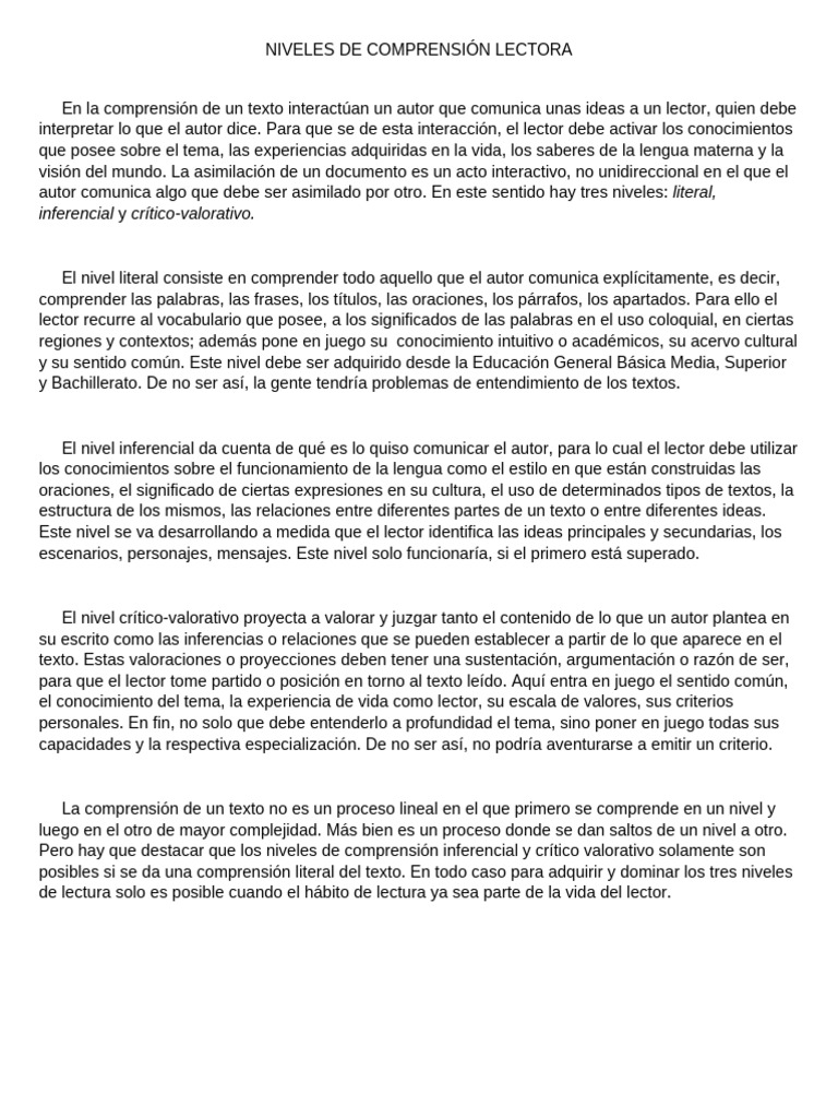 Niveles de Comprensión Lectora | PDF | Comprensión lectora | Ciencia ...