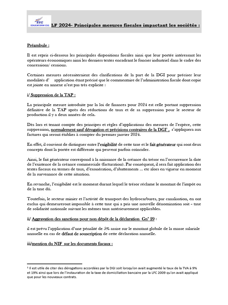 Mesures fiscales clés LF 2024 | PDF | Impôts | Taxe sur la valeur ajoutée