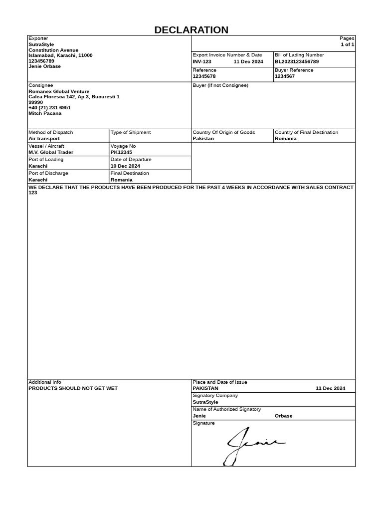 Declaration | PDF | Bill Of Lading | Cargo