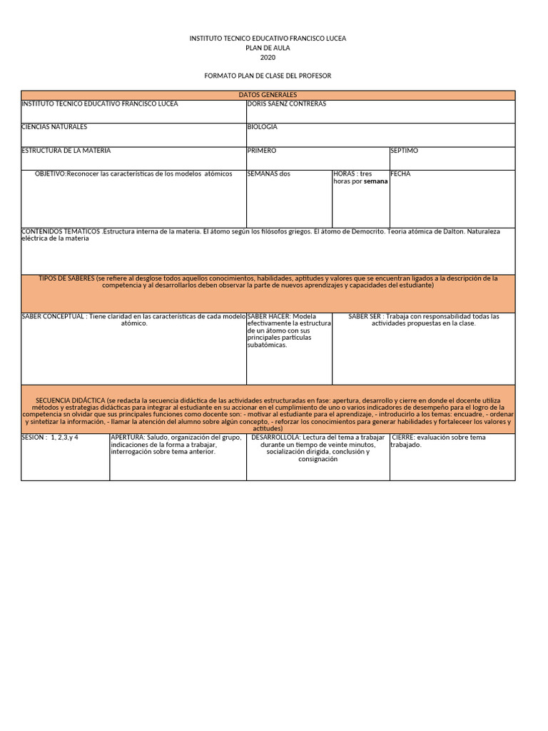 Formato Plan de Aula | PDF | Maestros | Salón de clases