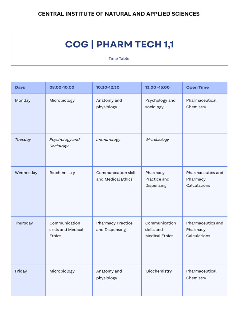 Pharm Tech Timetable Overview | PDF