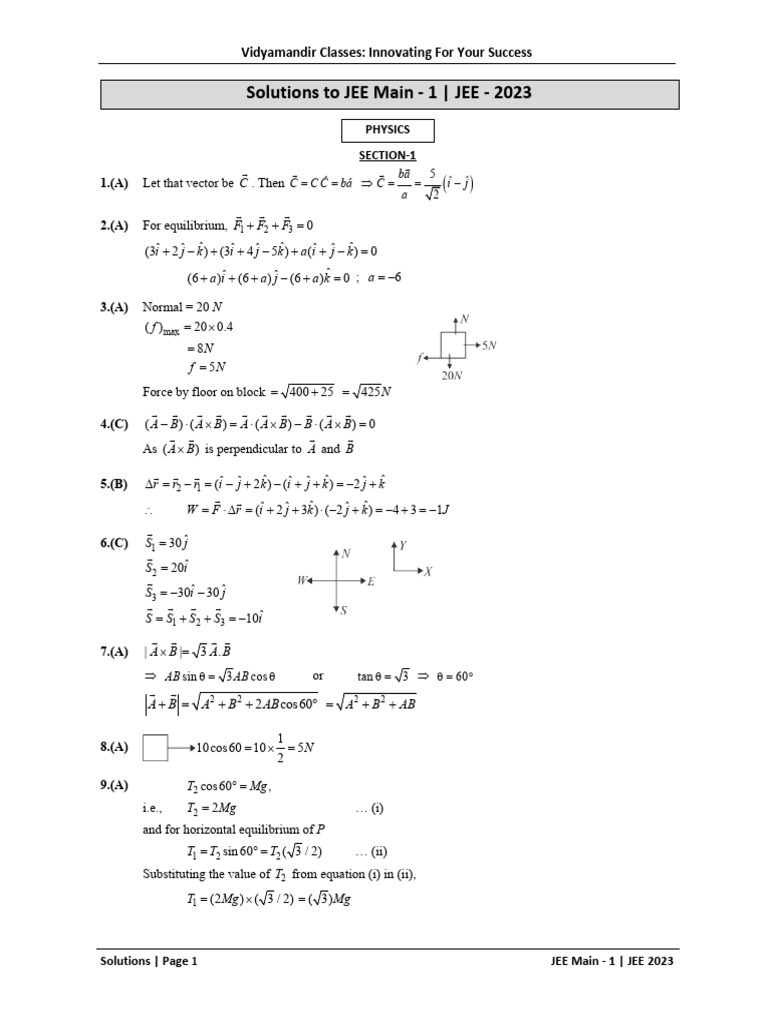 JEE Main - 1 (Alternate) Solutions | PDF | Mole (Unit) | Force