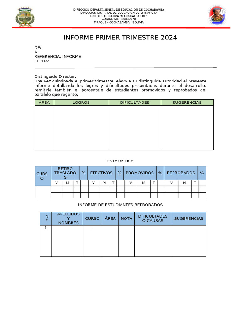 Informe Trimestral 2024 - Unidad Educativa Mariscal Sucre | PDF