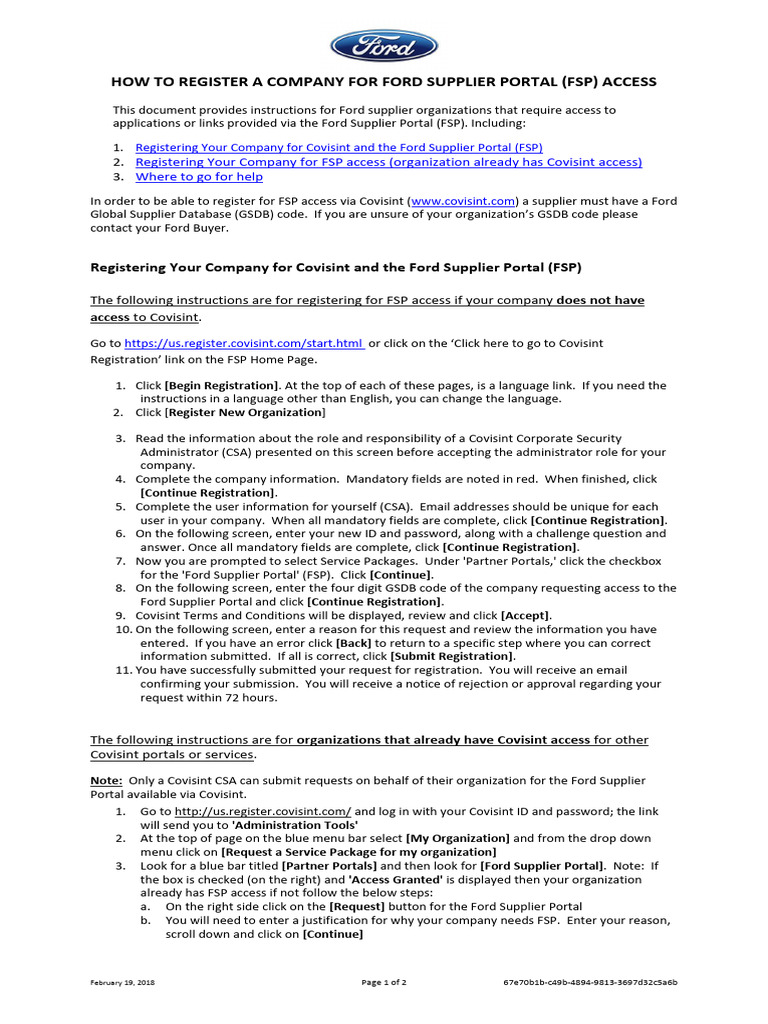 Registering for Ford Supplier Portal Access | PDF