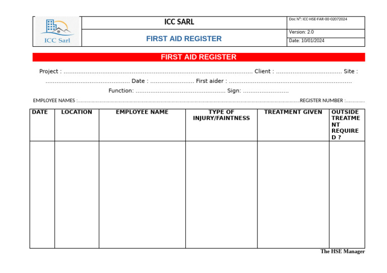 First Aid Register Template 2024 | PDF