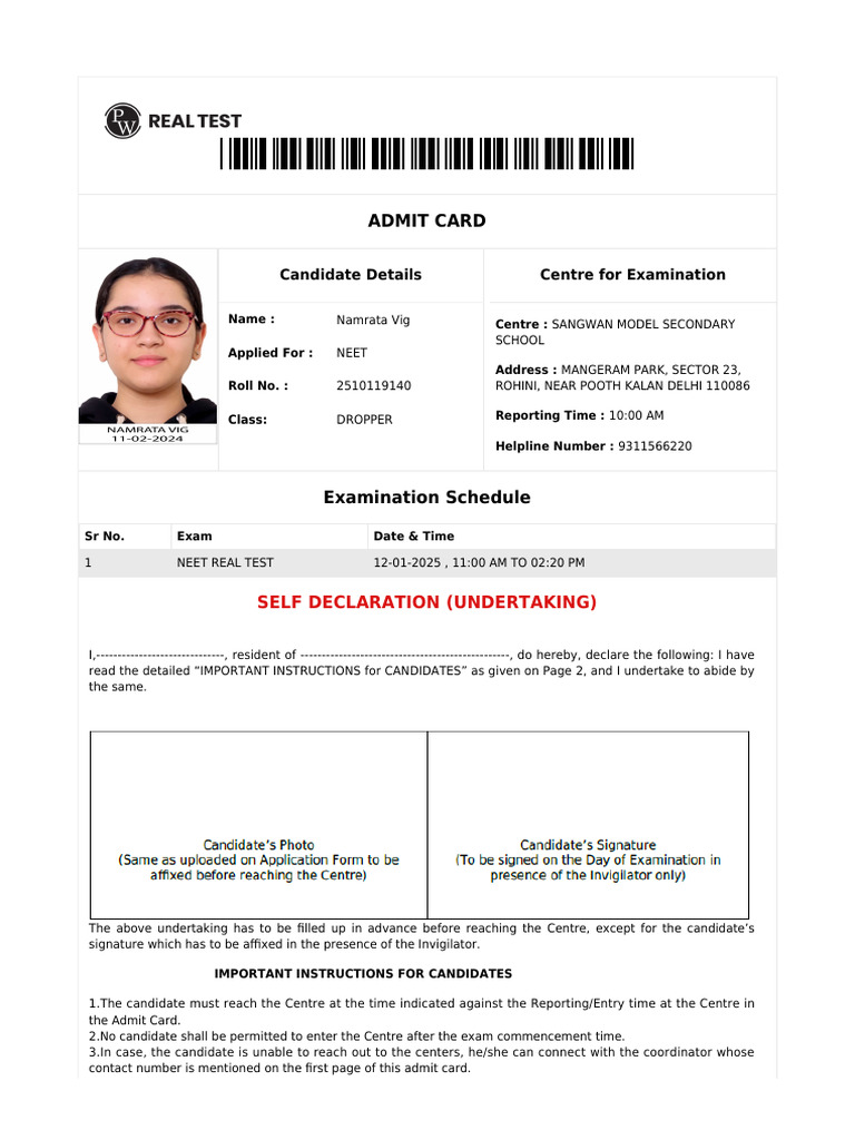 NEET Admit Card Details for 2025 | PDF | Identity Document