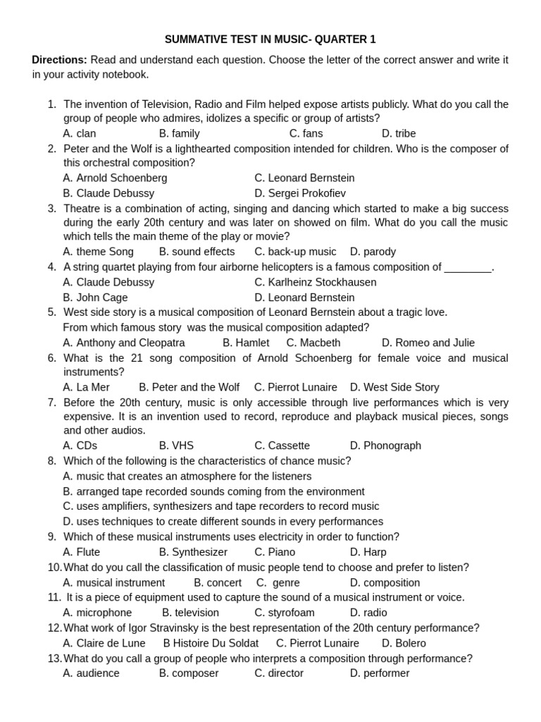 Music Summative Test: Quarter 1 | PDF | Musical Compositions | Franz Liszt