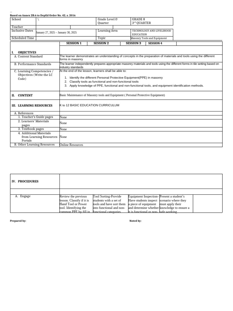 Grade 8 Masonry Tools Lesson Plan | PDF | Learning | Teachers