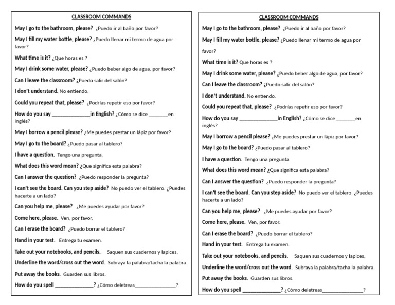 Comandos de Clase en Inglés y Español | PDF
