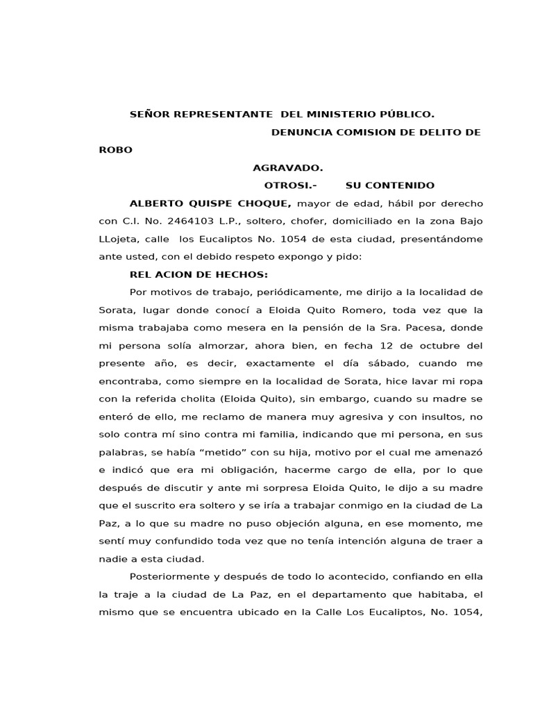 Denuncia por Robo Agravado en La Paz | PDF | Justicia | Crimen y violencia
