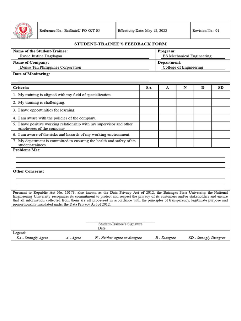 Rovic BatStateU FO OJT 05 - Student Trainee - S Feedback Form - Rev. 01 ...