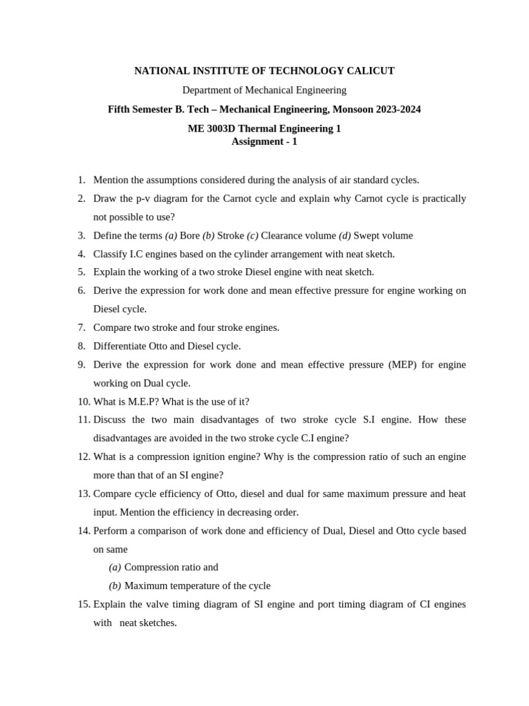 Thermal Engineering Assignment for B.Tech | PDF | Diesel Engine ...
