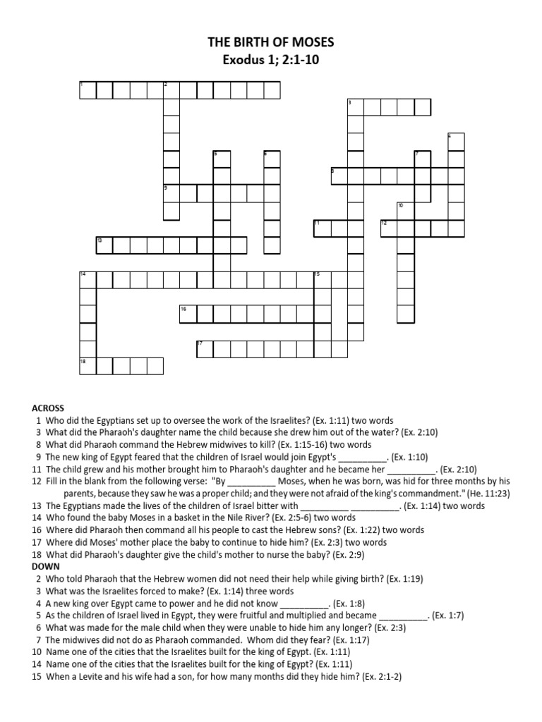 Bible Crossword for Kids PDF The Exodus Moses