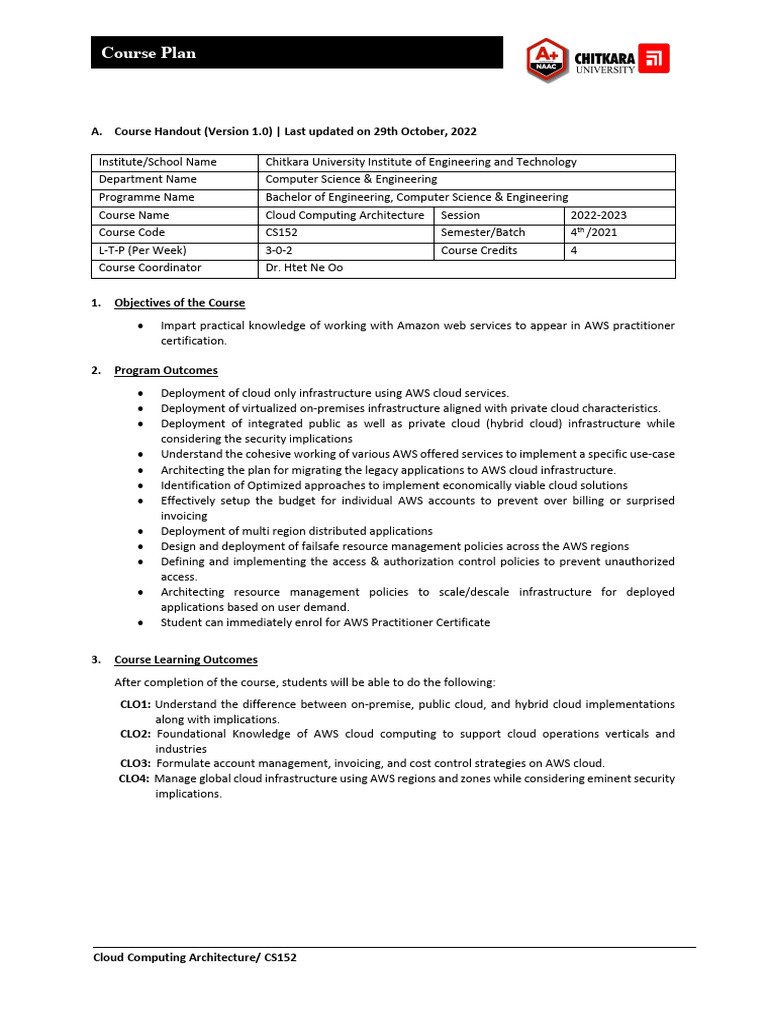 Cloud Computing Architecture Course Plan | PDF | Cloud Computing ...