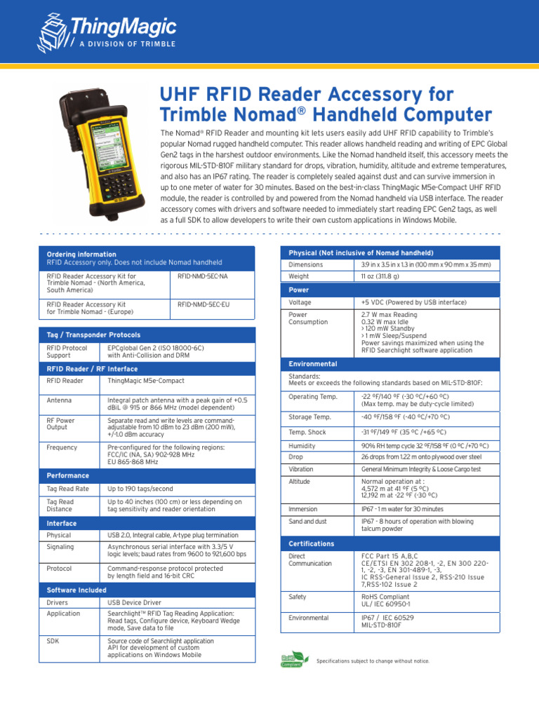 Nomad RFID Reader Datasheet 072012 | PDF | Radio Frequency ...