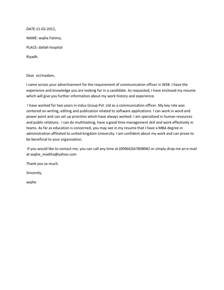 Cover Letter For Communication Officer... PDF Cognition Communication