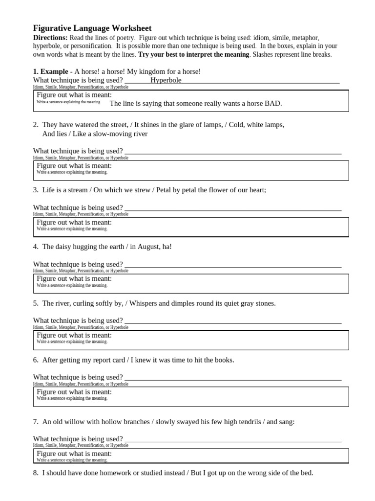 Figurative Language Worksheet 03 | PDF
