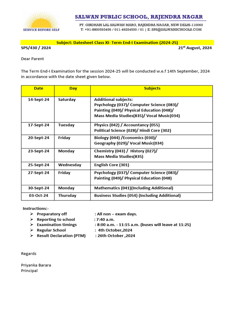 Class Xi Datesheet Term End I | PDF | Accounting | Chemistry