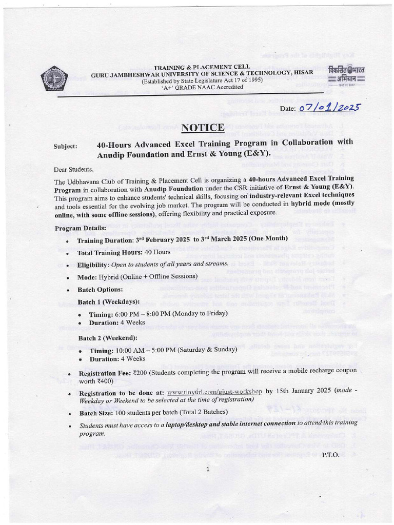 ExcelTraining Notice | PDF