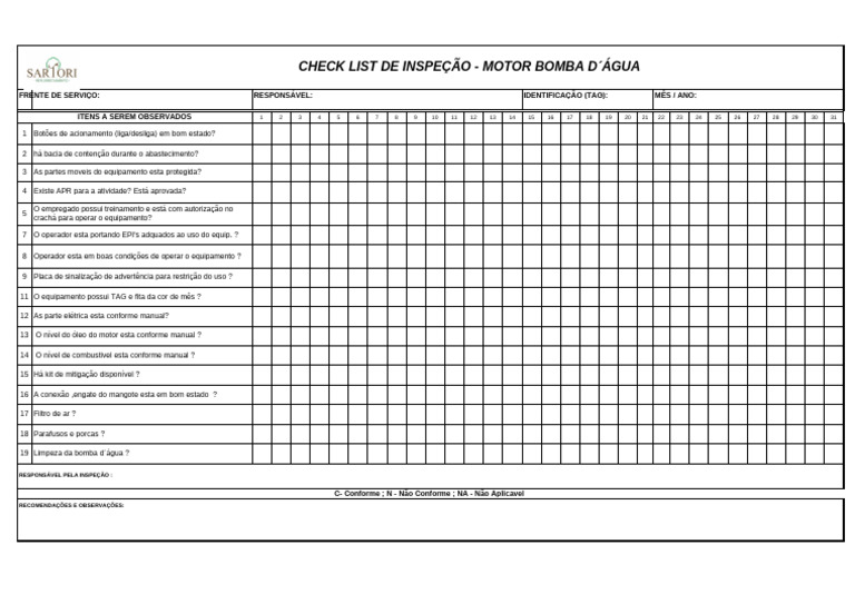 Checklist de Inspeção Motor Bomba D'Água | PDF