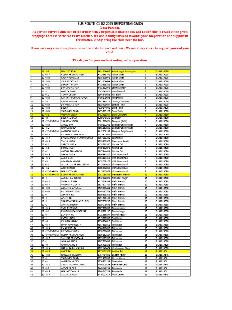 Student Bus Route and Contact List | PDF