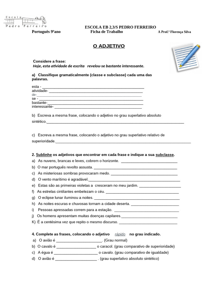 Atividades sobre Adjetivos para 9º Ano | PDF
