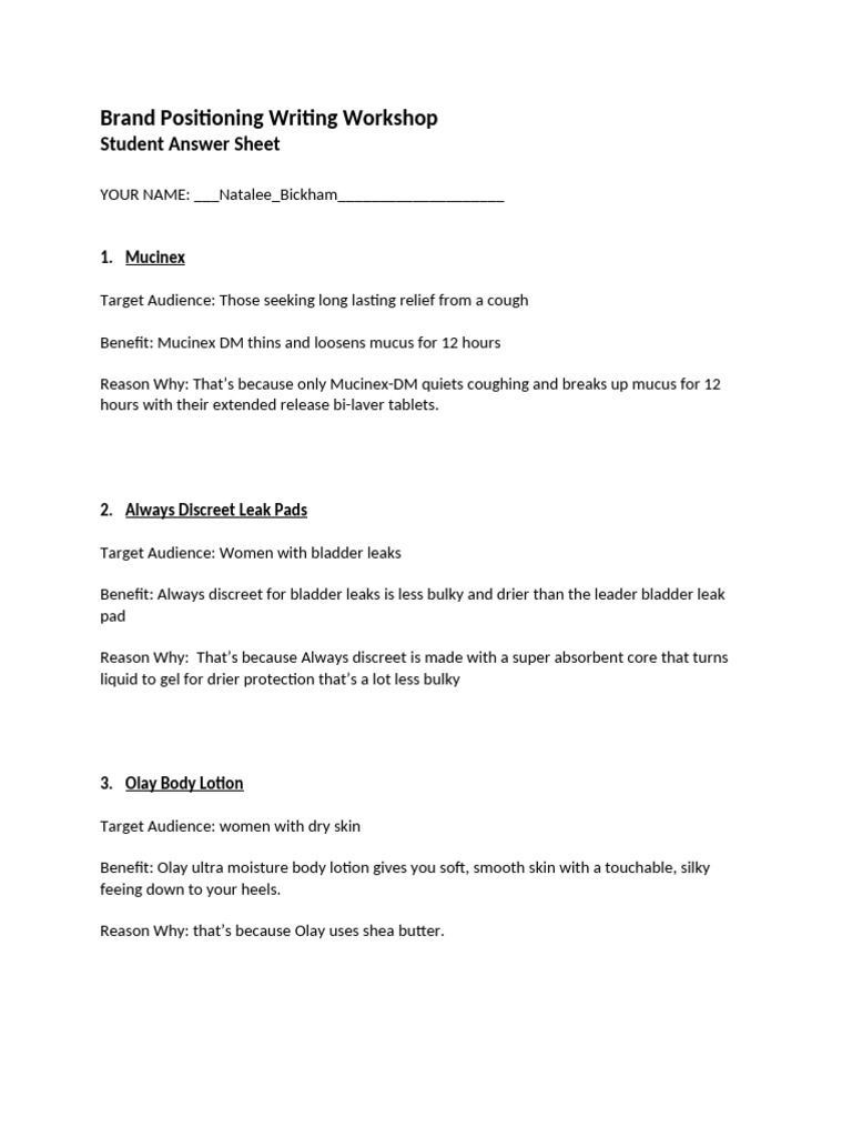 MSLE 3500 Brand+Positioning+Writing+Worksheet+-+Student | PDF | Electrolyte