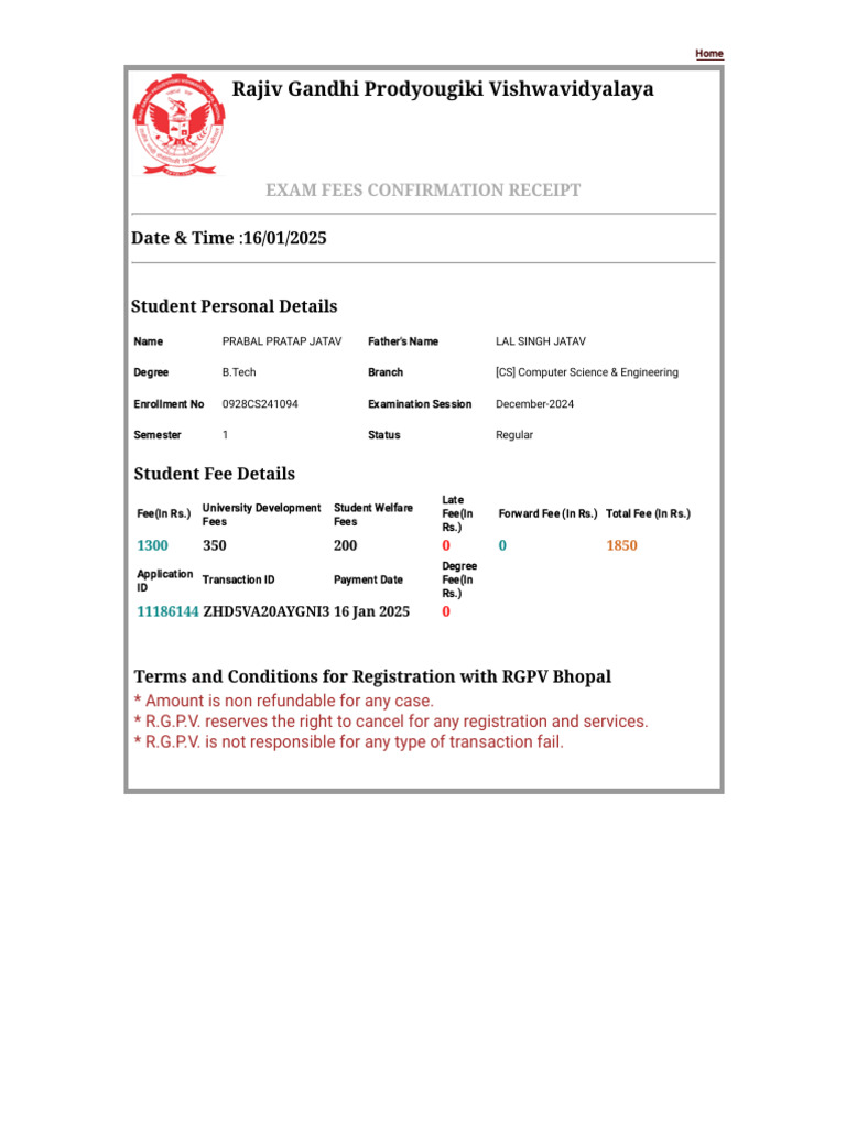 RGPV Exam Fees Confirmation Receipt | PDF