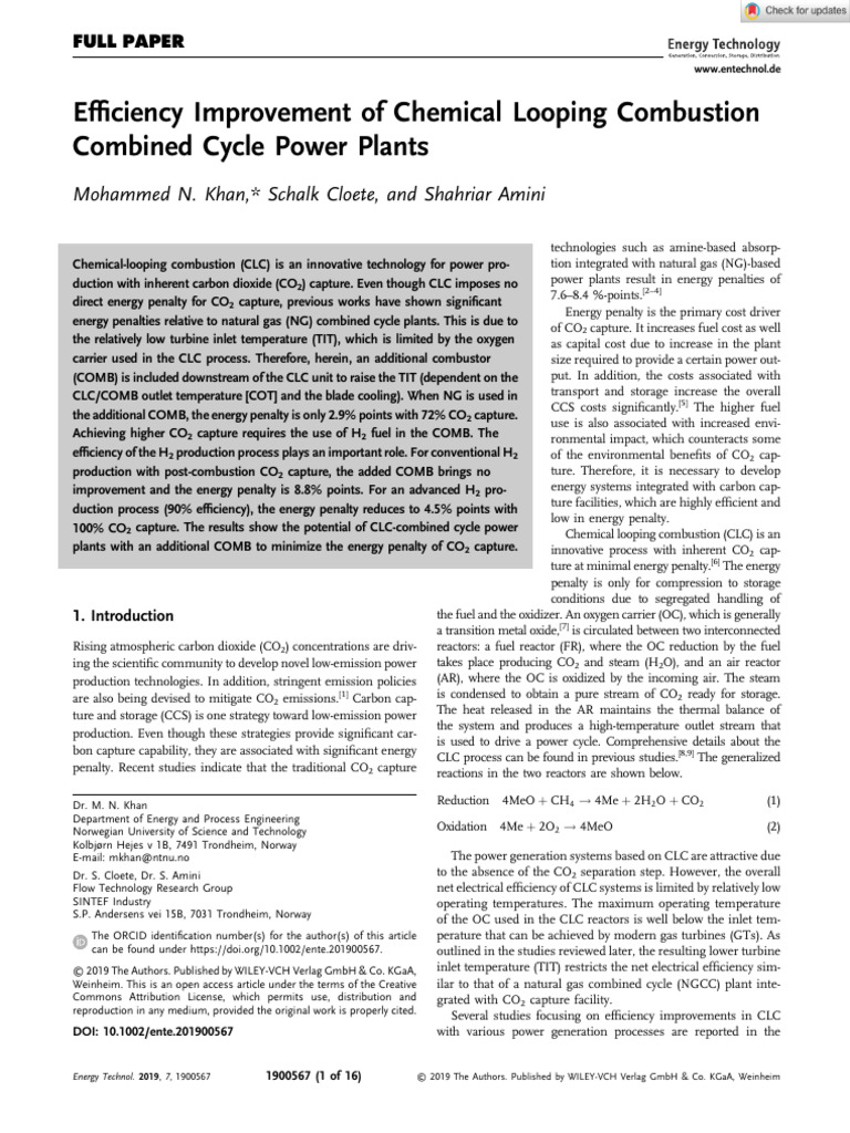 Efficiency Improvement of Chemical Looping Combustion Combined Cycle ...