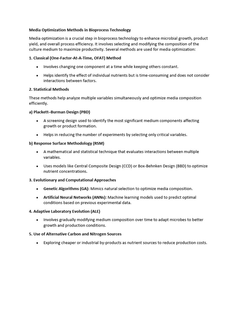 Media Optimization Methods in Bioprocess | PDF