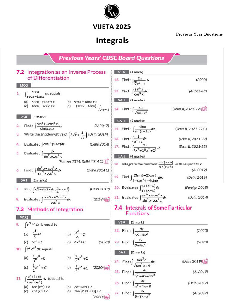 677ffce81c05ef8df8668288 - ## - Integrals Previous Year Questions | PDF