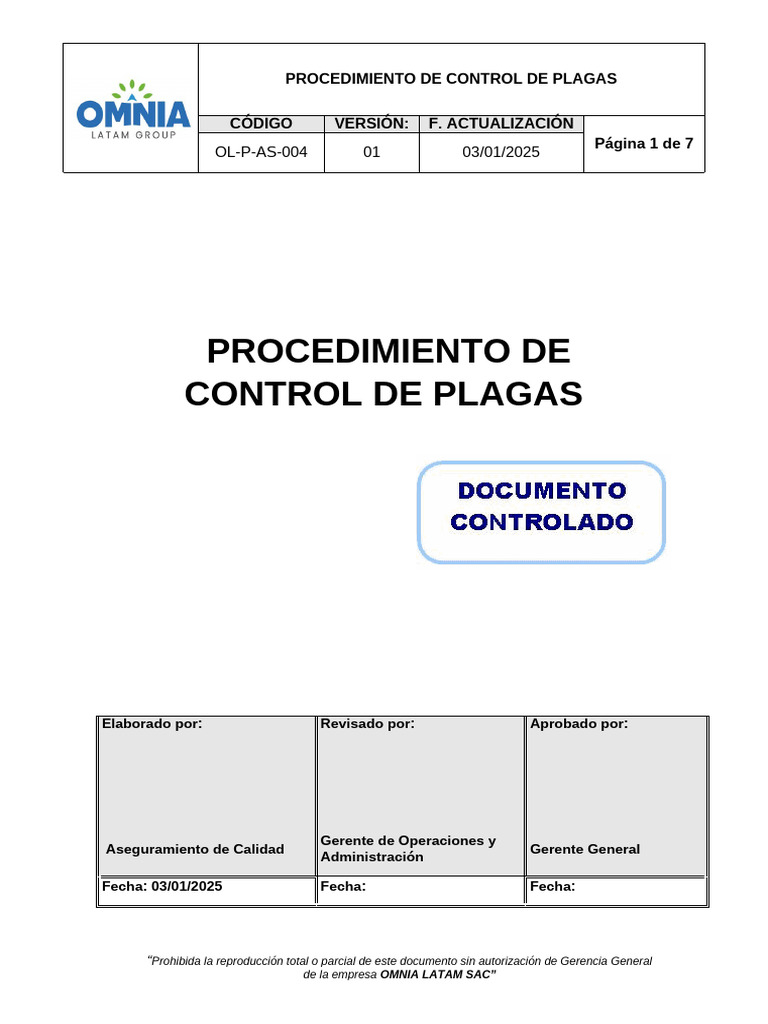 Procedimiento de Control de Plagas 2025 | PDF | Alimentos | Plaga ...